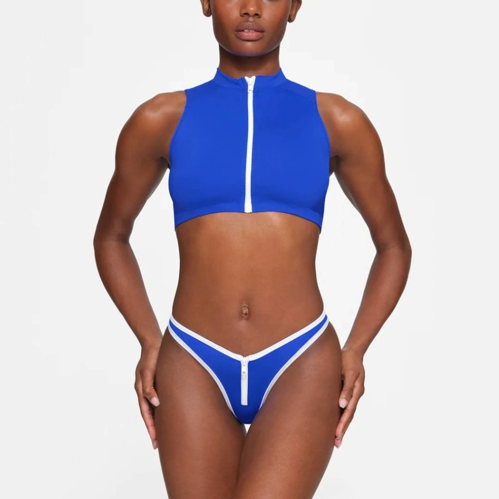 SKIMS Zip-Up Swim Mock Neck Top in Cobalt Size L